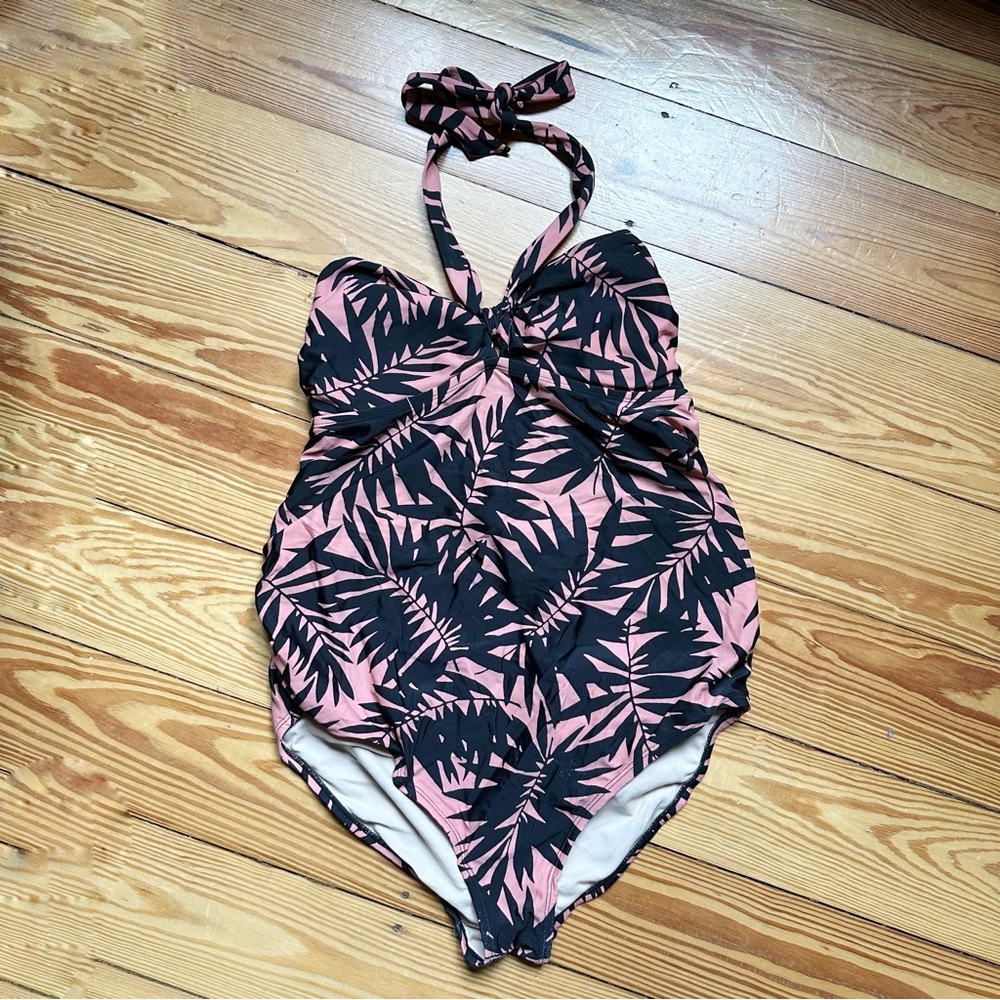 Maternity One Piece Swimsuit black pink floral strapless Large